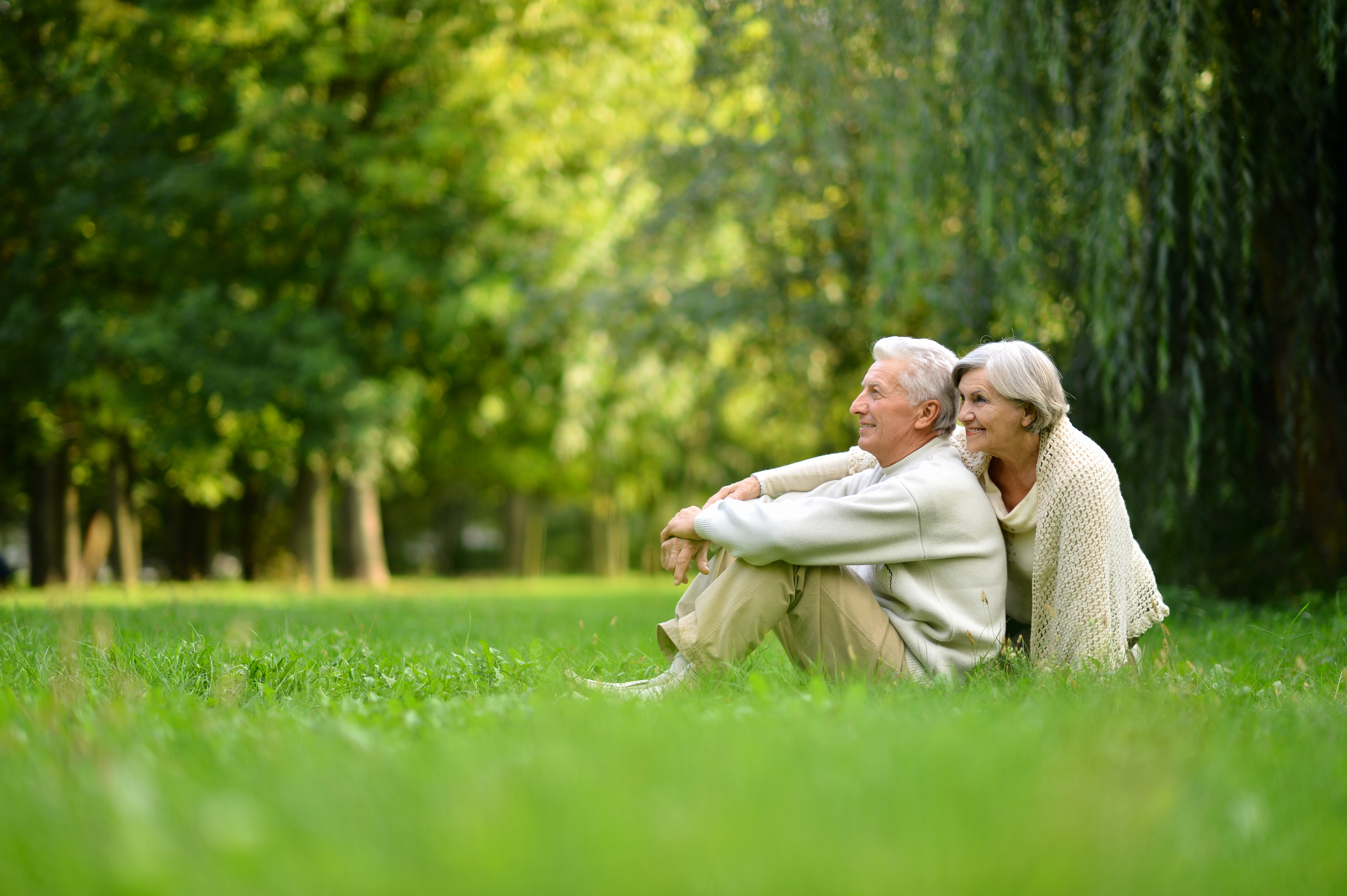 couple senior assis dans l'herbe